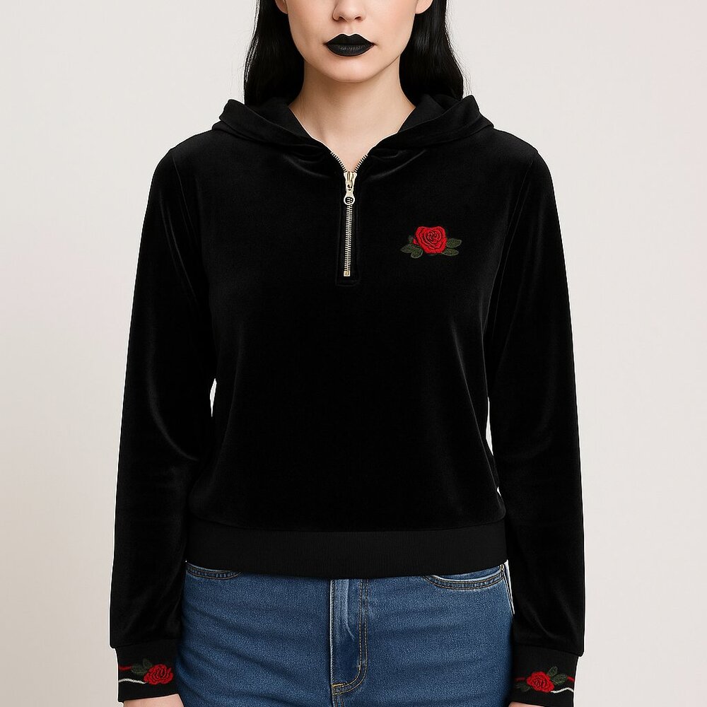 J-Stino Black Velour Hoodie M Rose Embroidery Gothcore Whimsigoth Dark Academia